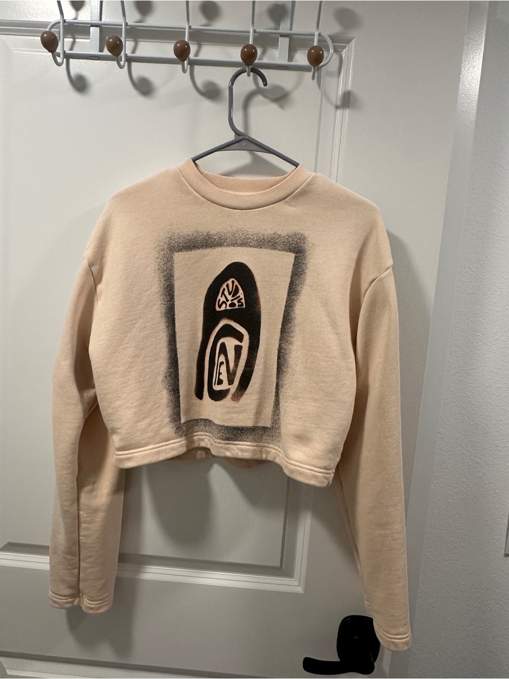 Acne Cropped Cream Graphic Crewneck Sweater
